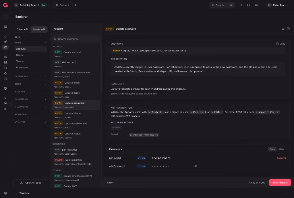 Appwrite Explorer request builder with schema-driven form fields for a PATCH endpoint