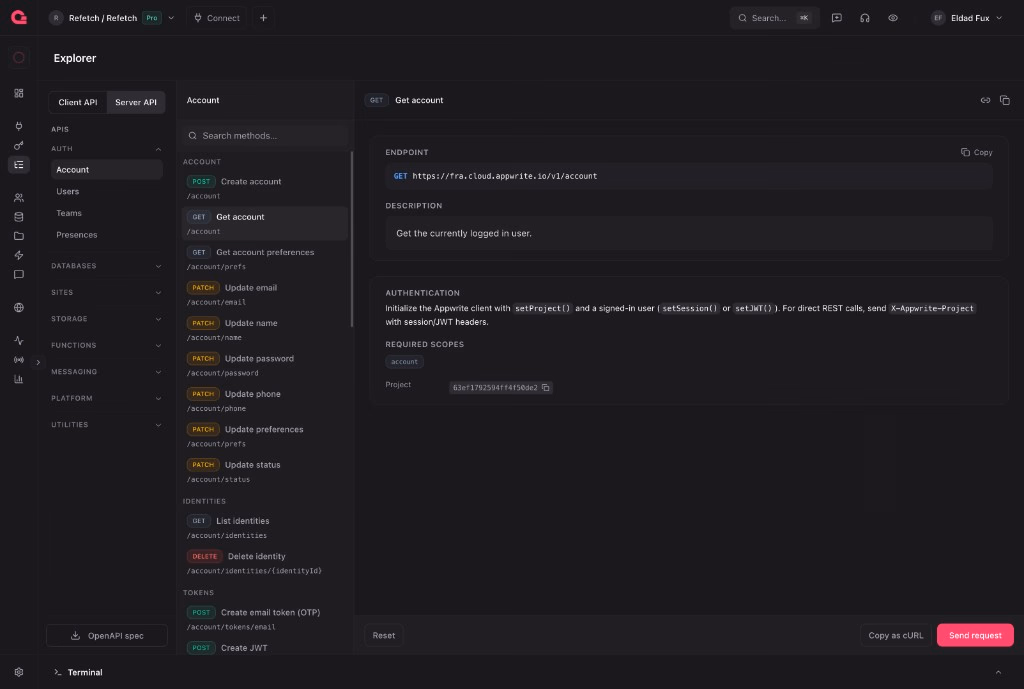 Appwrite Explorer showing the Client API Account endpoints with method details and a Send request action