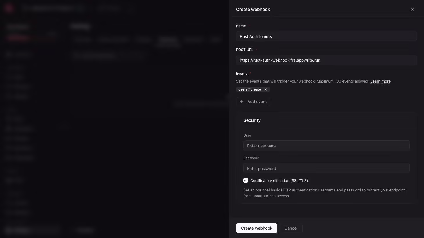 Create webhook screen filled in with Rust auth events