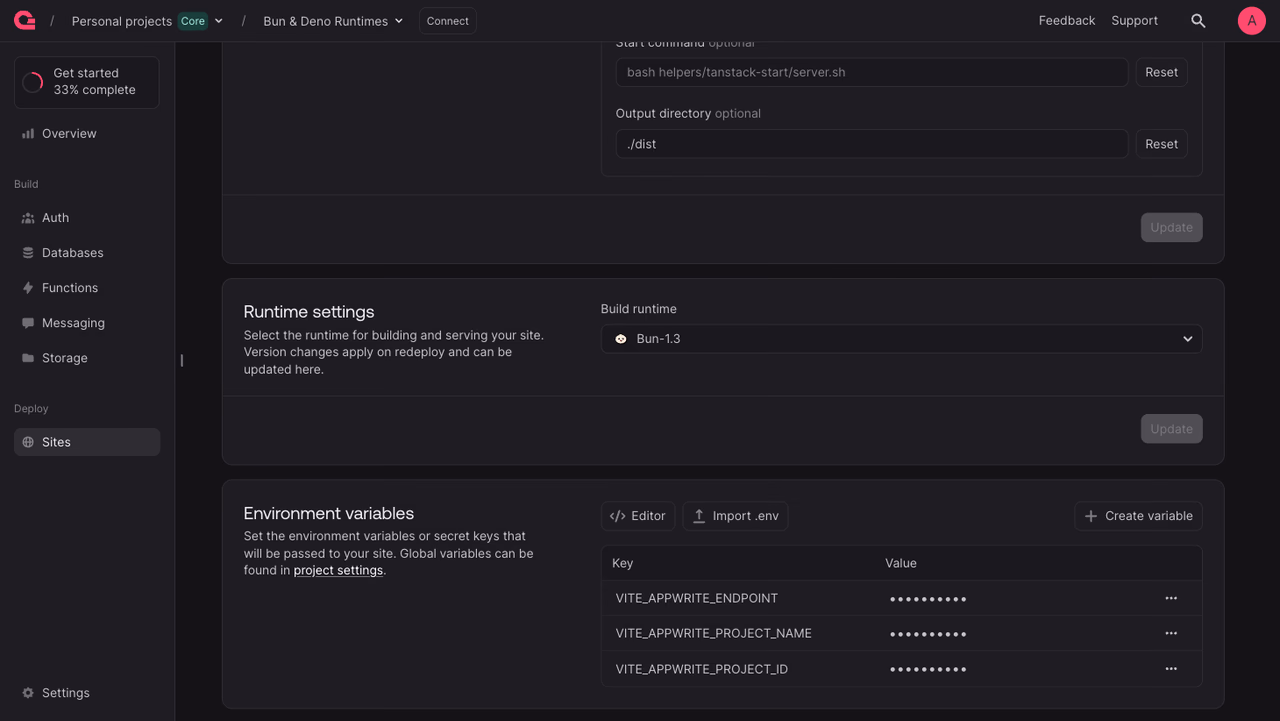 Build runtime selector showing Bun 1.3 selected on an Appwrite Site