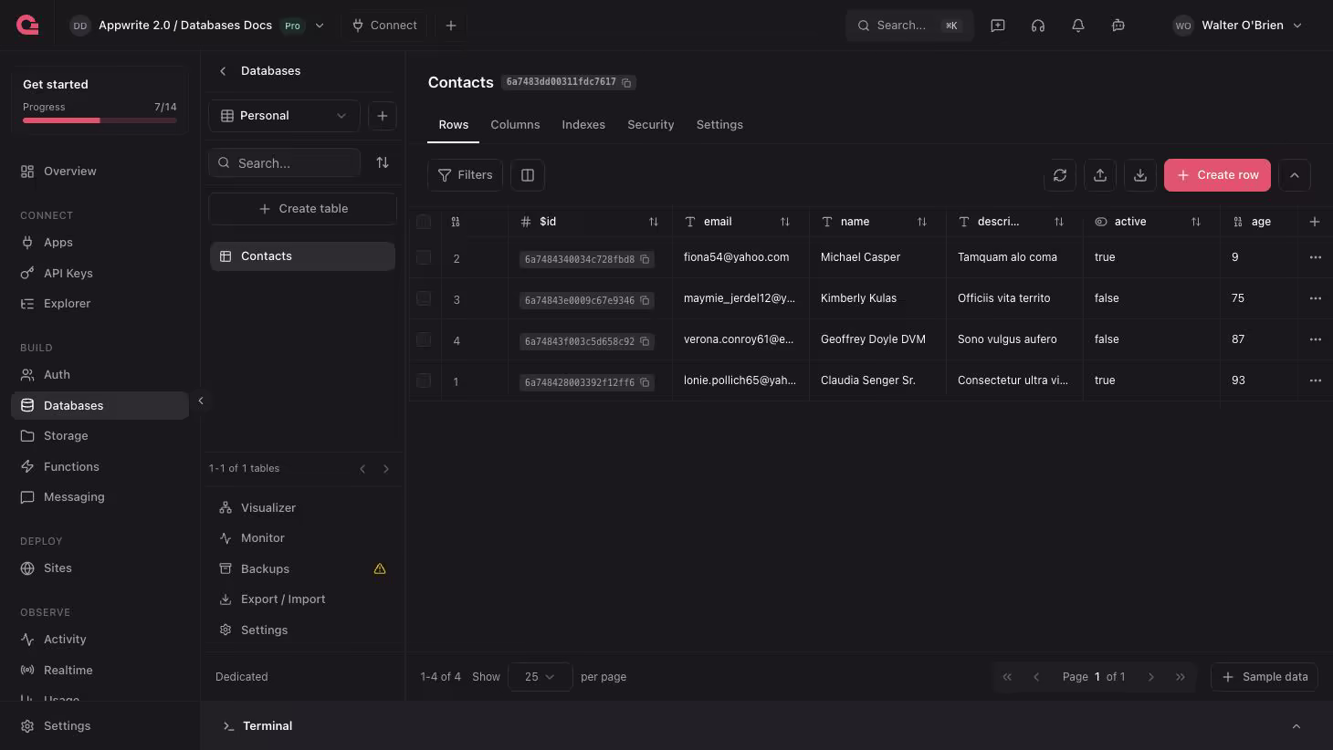 Tables screen