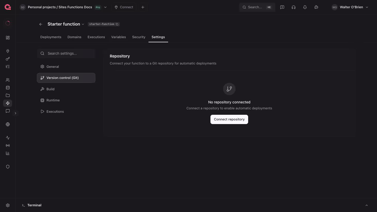 Build triggers settings in the Appwrite Console