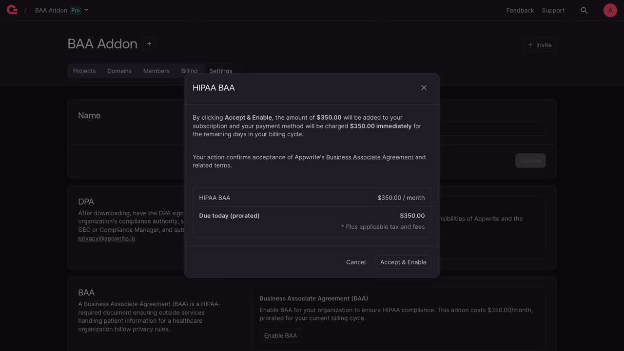 Enable BAA modal in the Appwrite Console