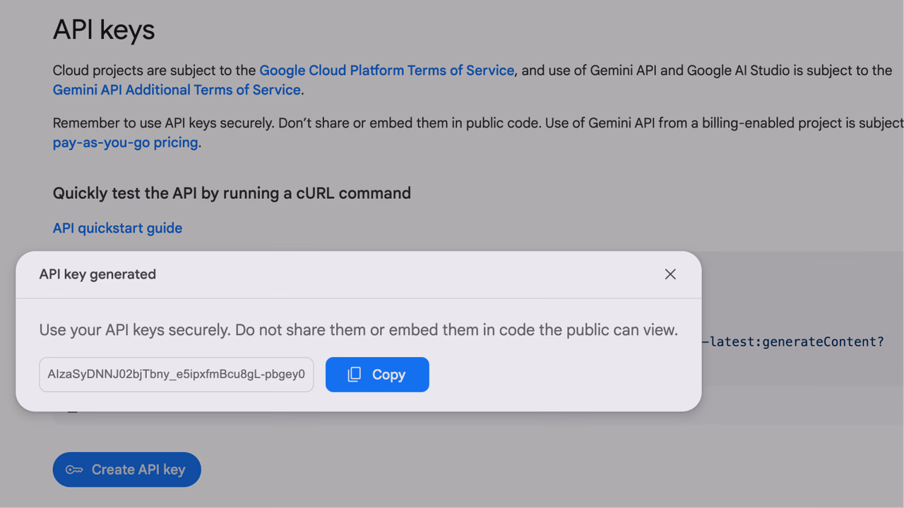 *Screenshot of the API key generated*