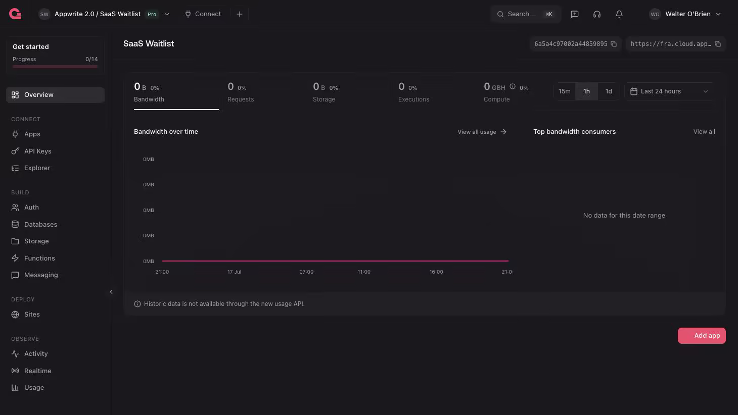SaaS Waitlist project overview in the Appwrite Console
