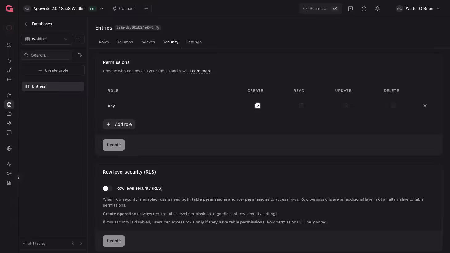Permissions panel with Any role granted Create only