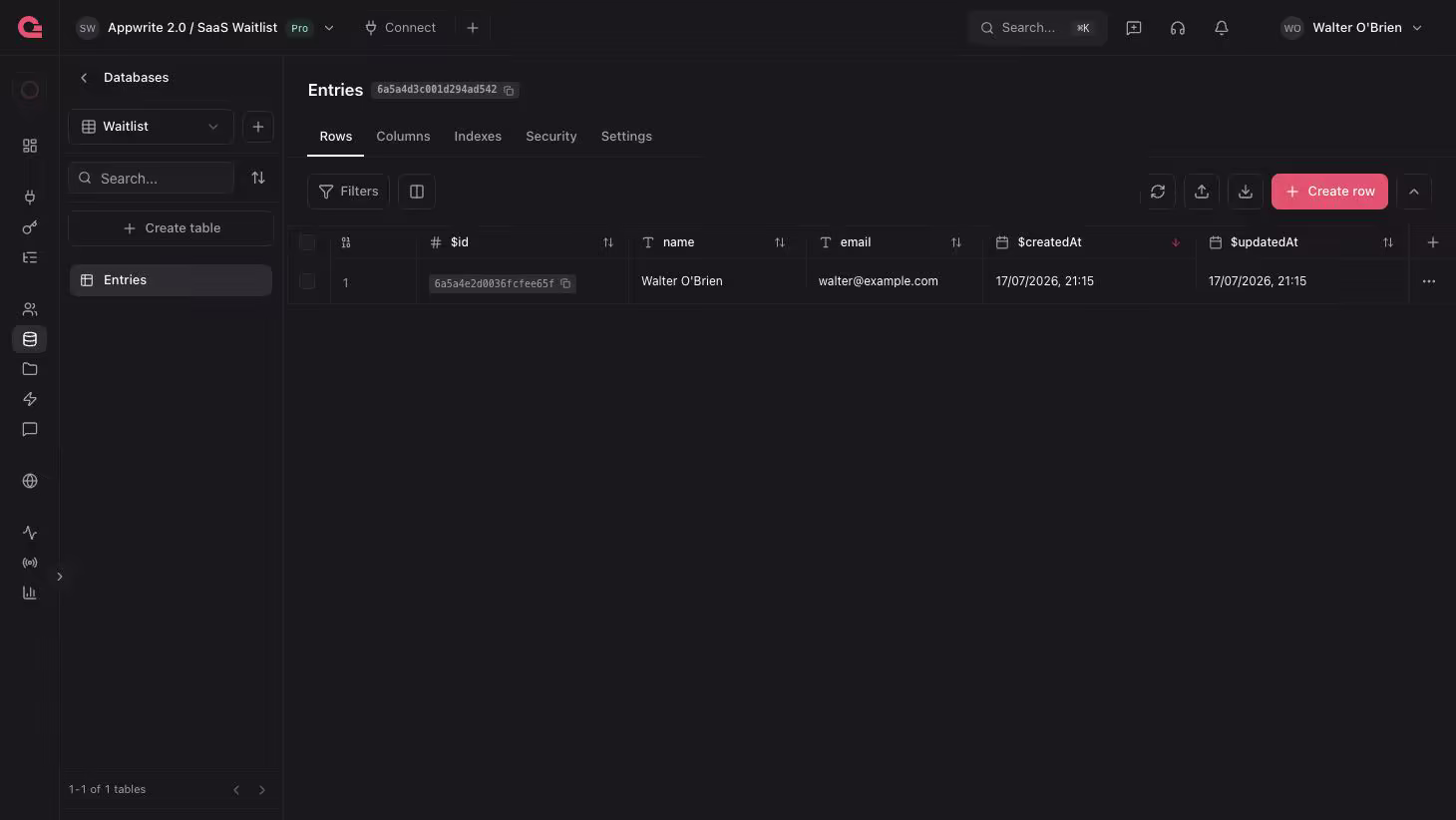 The new waitlist entry in the Appwrite Console