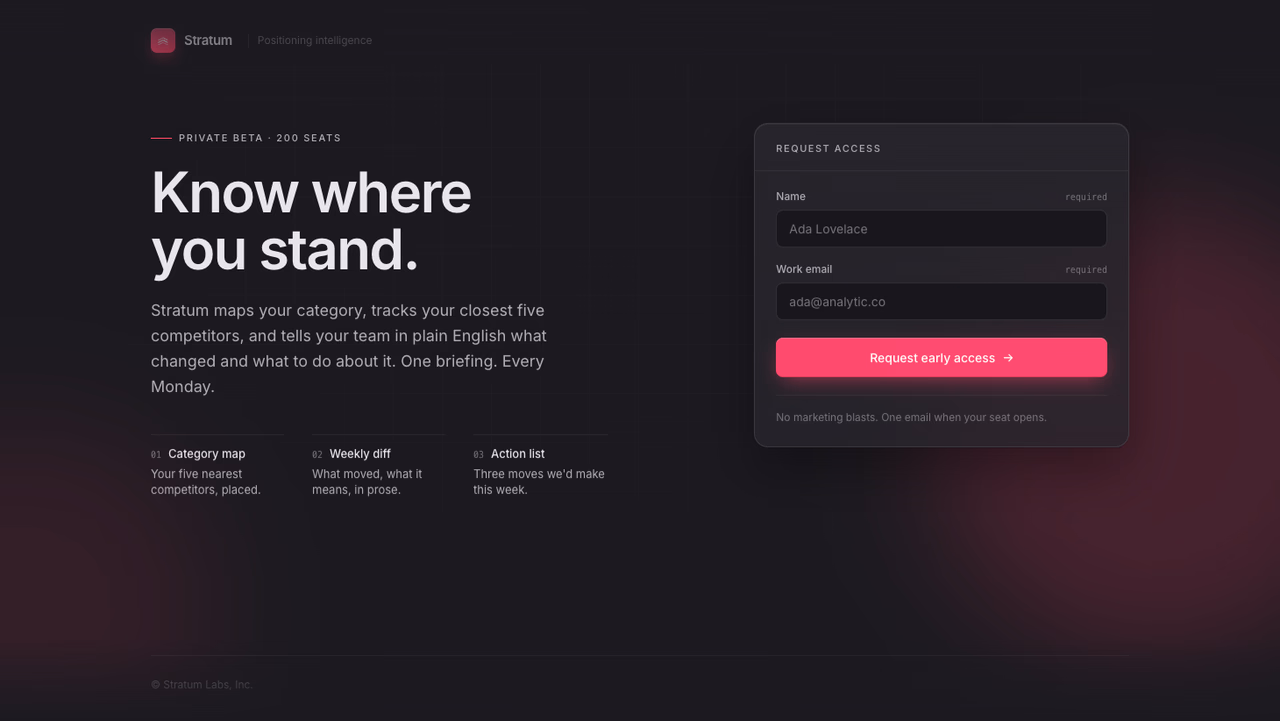 The Stratum waitlist landing page