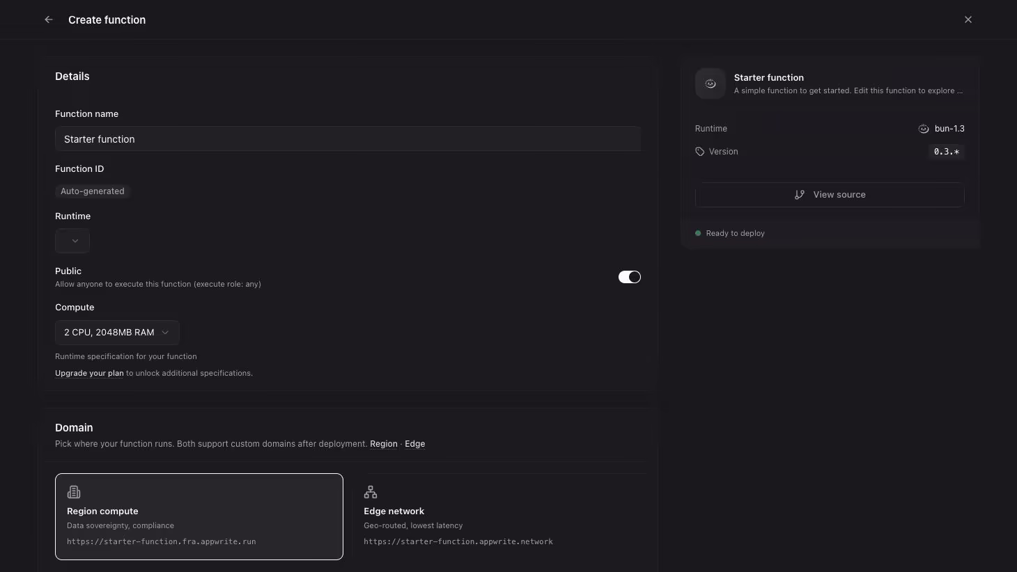 Appwrite Cloud Functions page