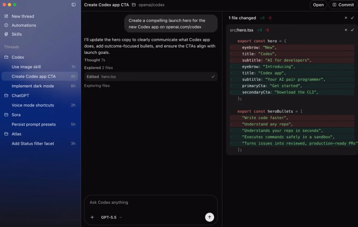 OpenAI Codex app interface