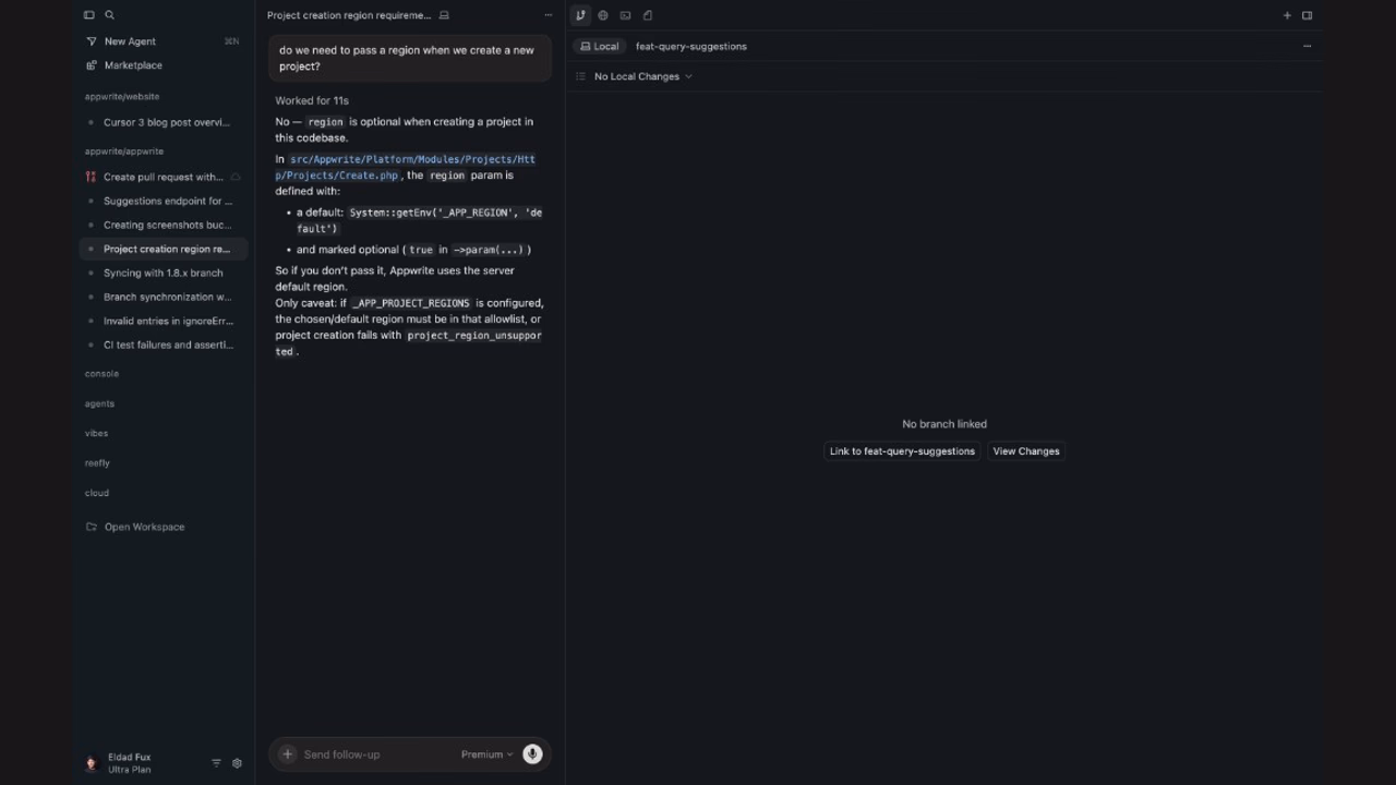 Cursor agent answering a question about the Appwrite codebase, with agent threads and Appwrite repositories in the sidebar.