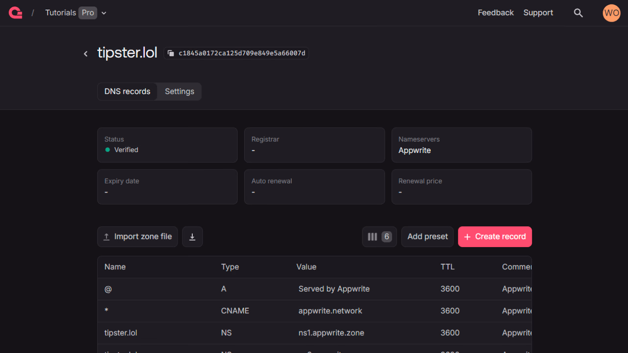Domain verified successfully on Appwrite console