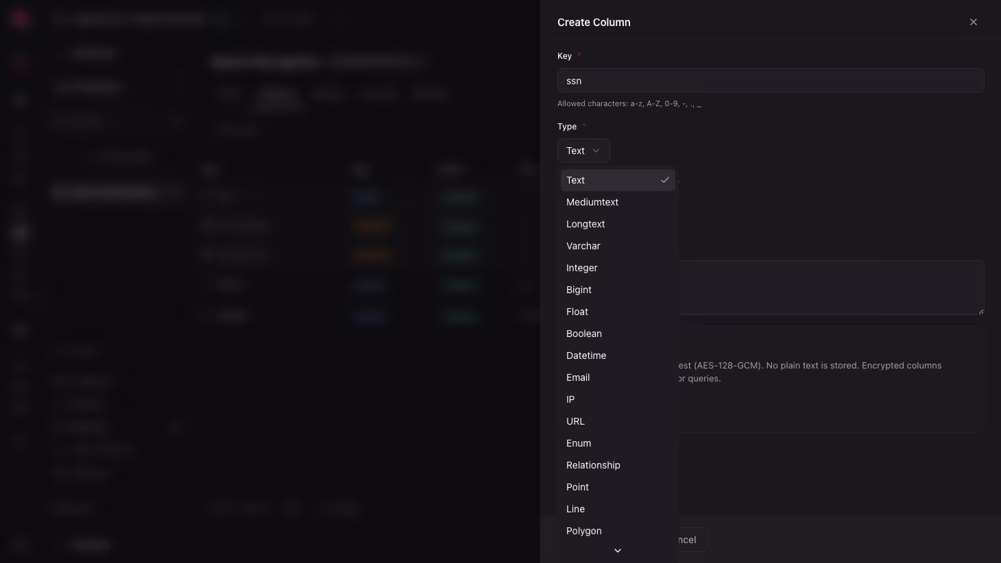 create column modal