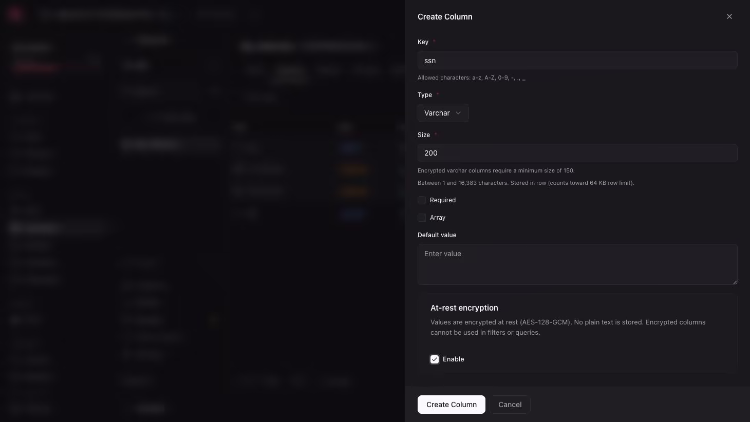 text column modal