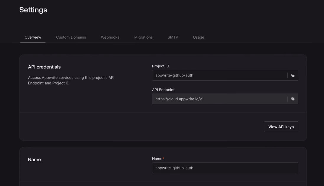 Appwrite project settings