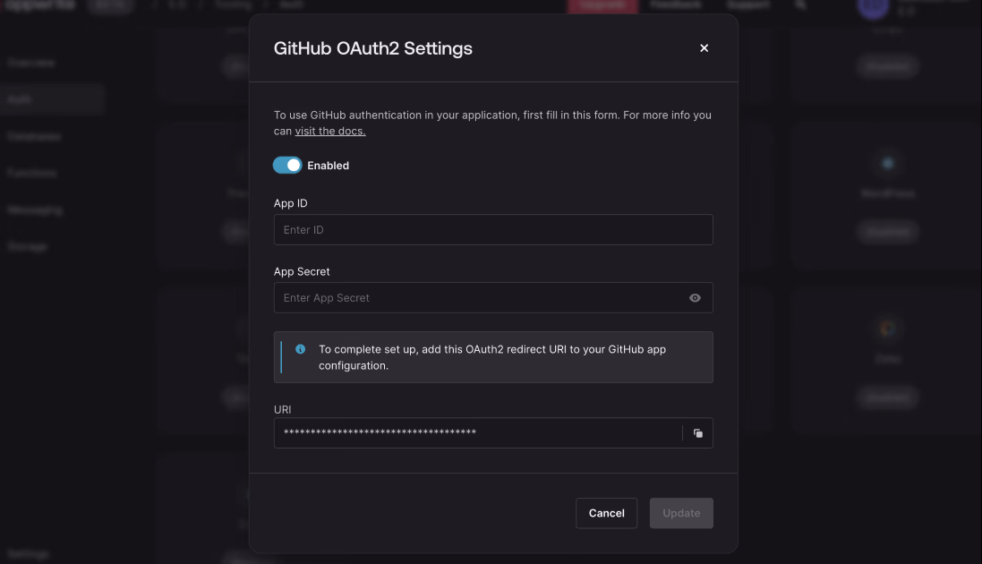 Appwrite GitHub OAuth settings