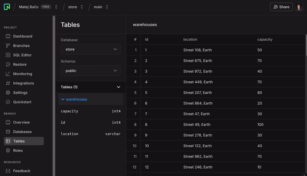 Neon Postgres Console