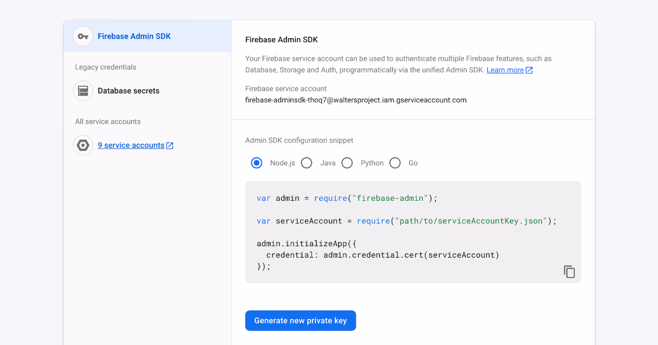 Firebase key management screen.