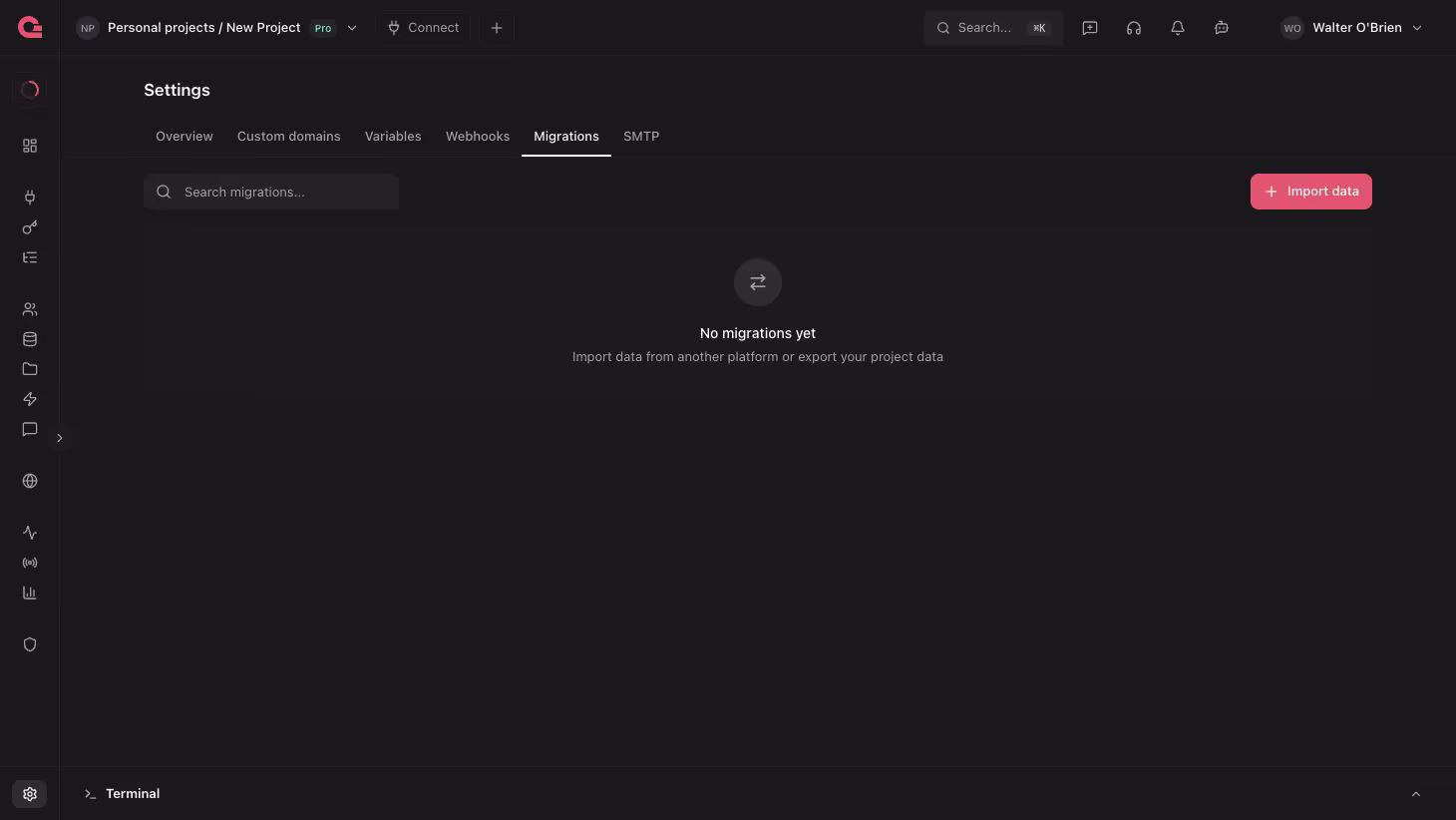 Appwrite Console Migrations page