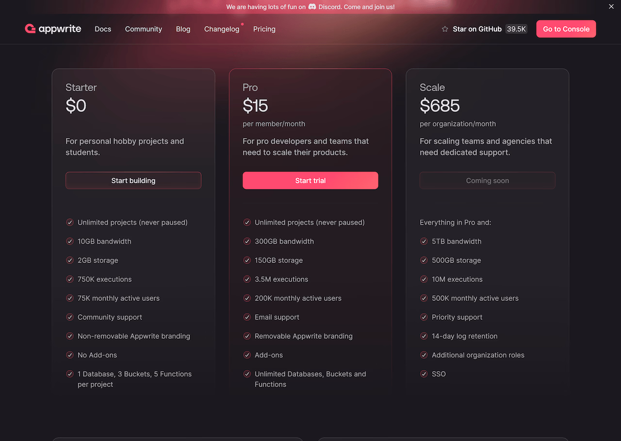 Appwrite pricing overview