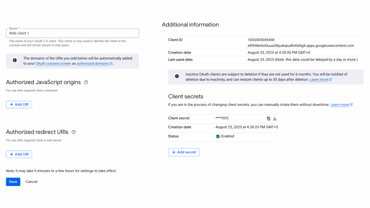 OAuth client ID details