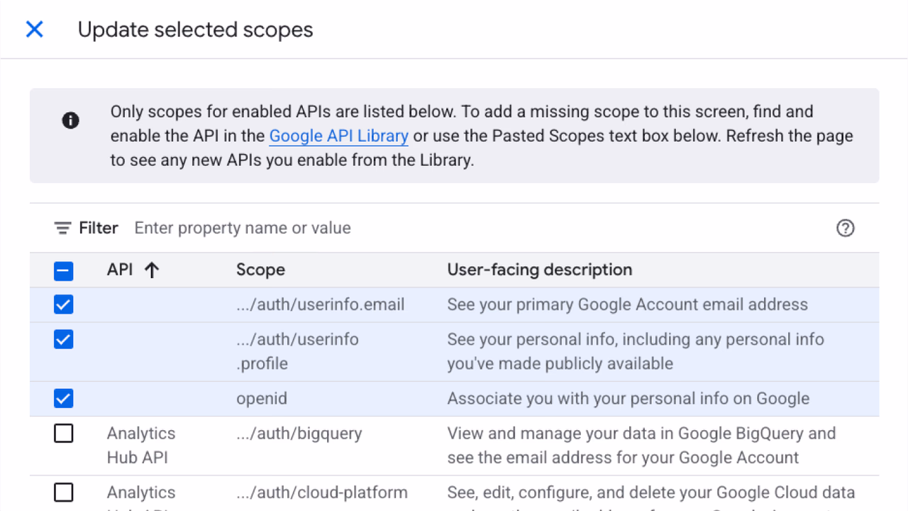 Setting up scopes for OAuth consent screen