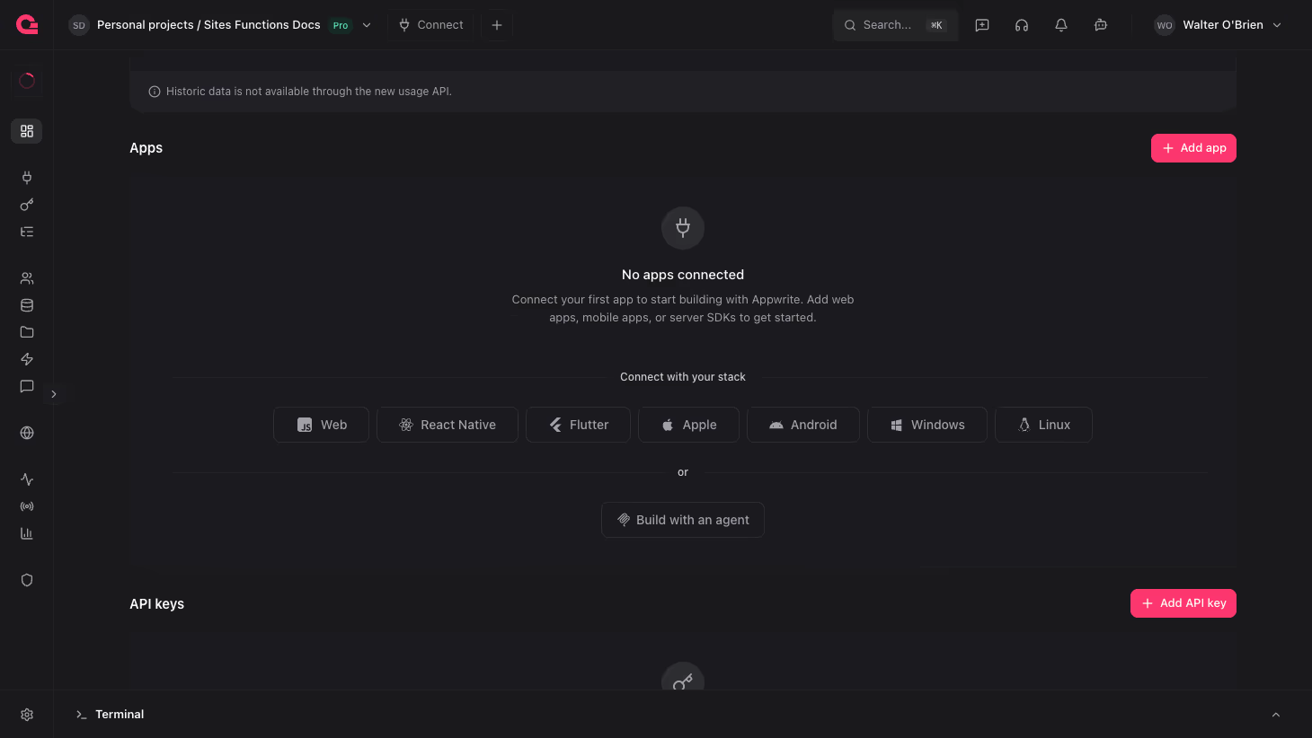 Appwrite Console adding a platform