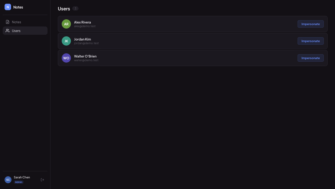 Users list with Impersonate buttons