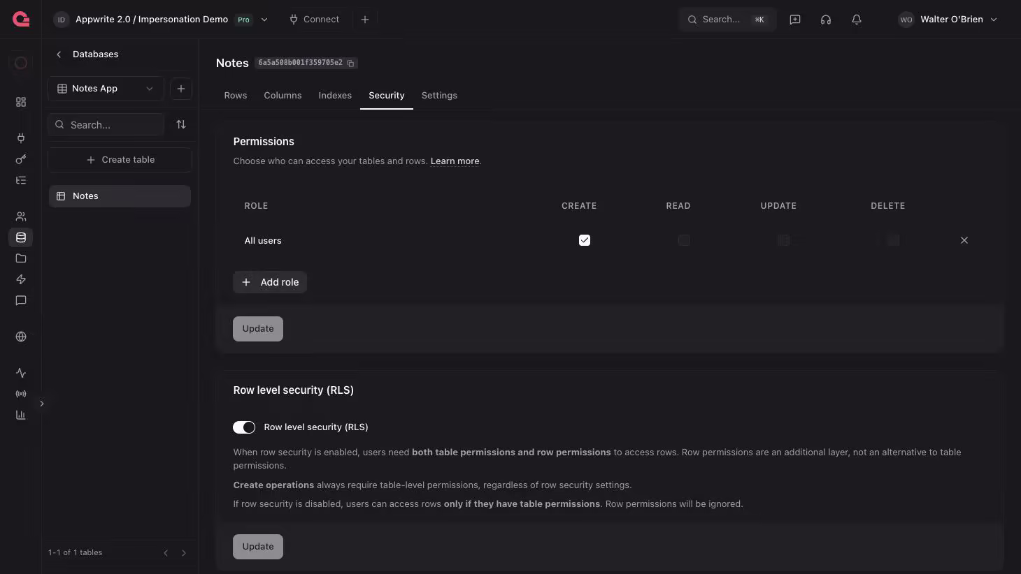 Table permissions and row security settings