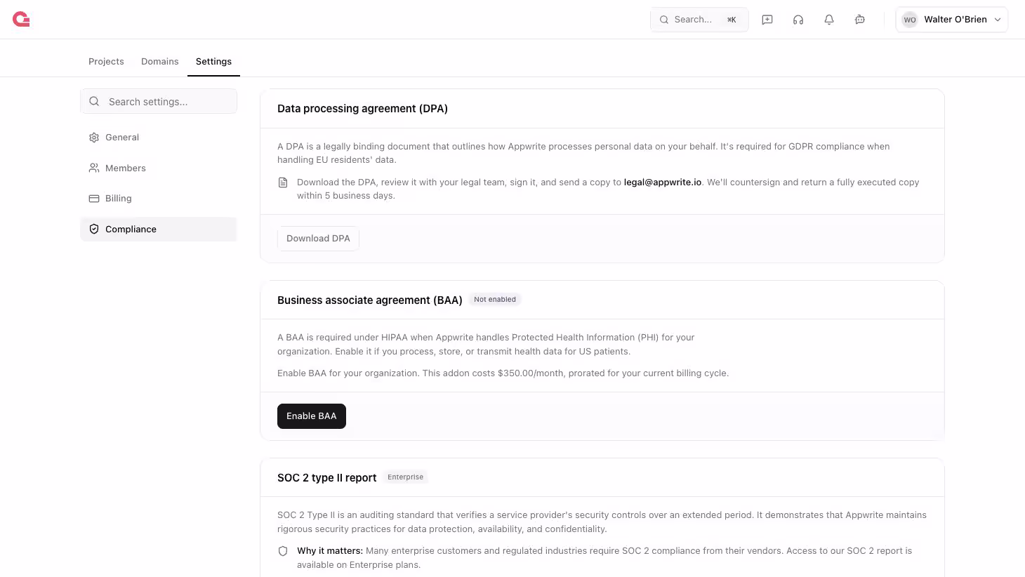 Project settings screen