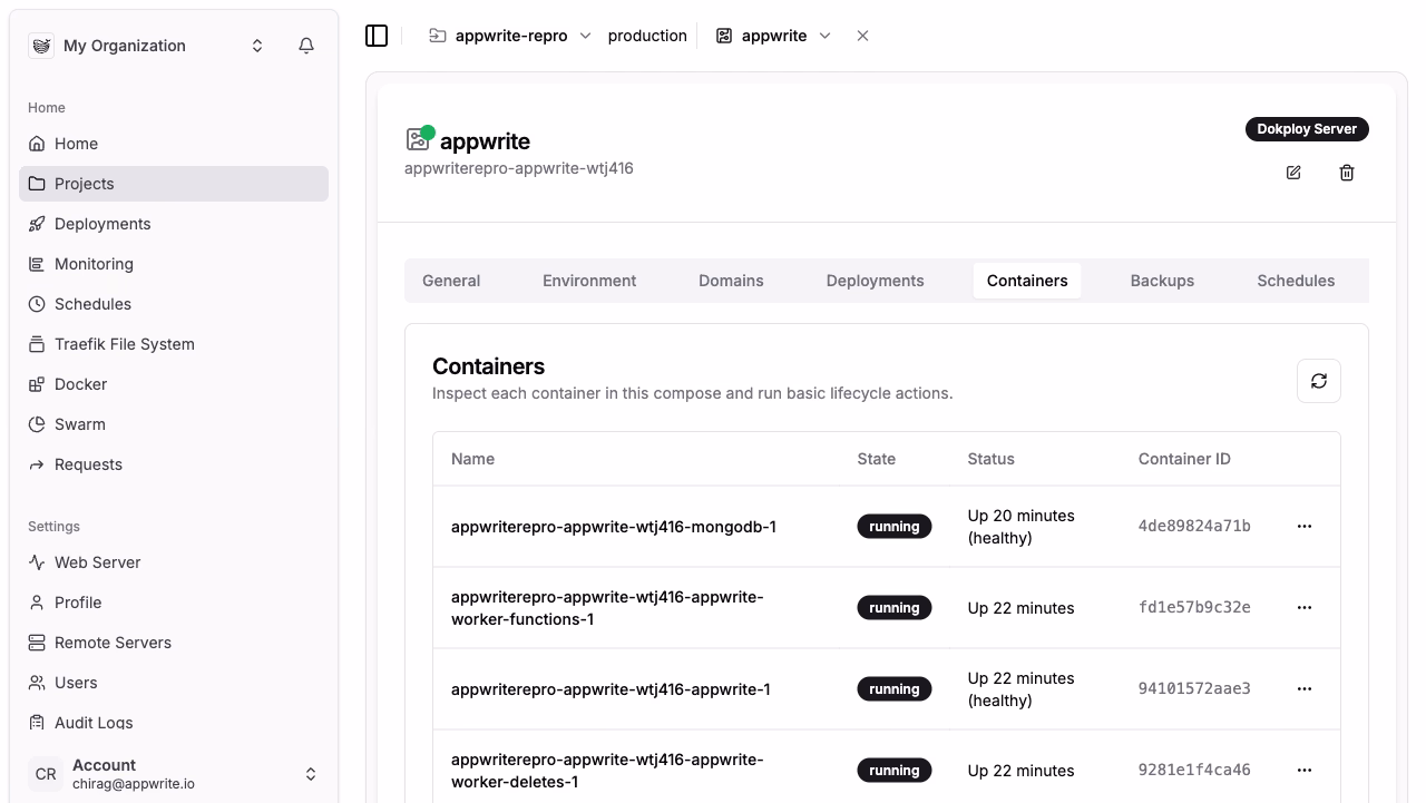 Appwrite services running in Dokploy
