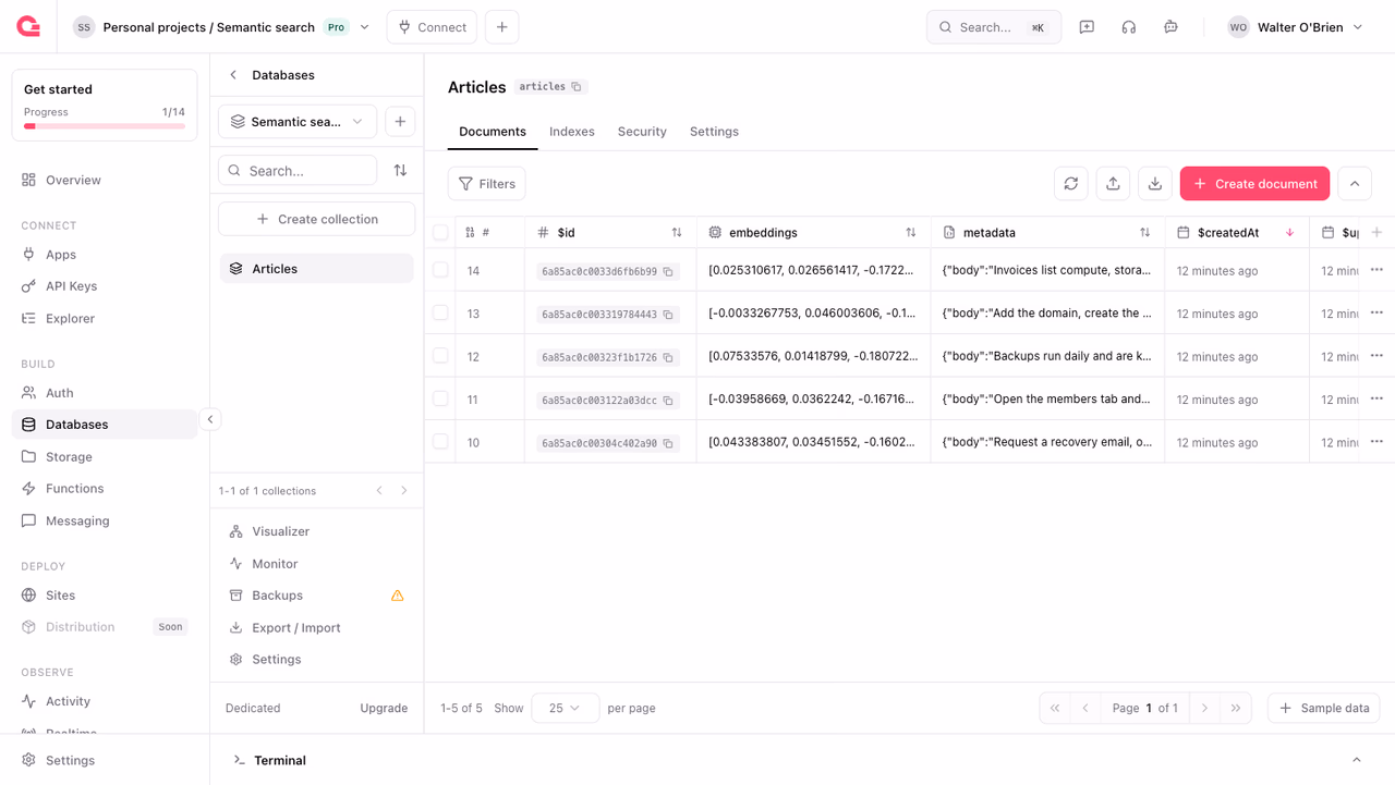 Articles stored as vectors with metadata