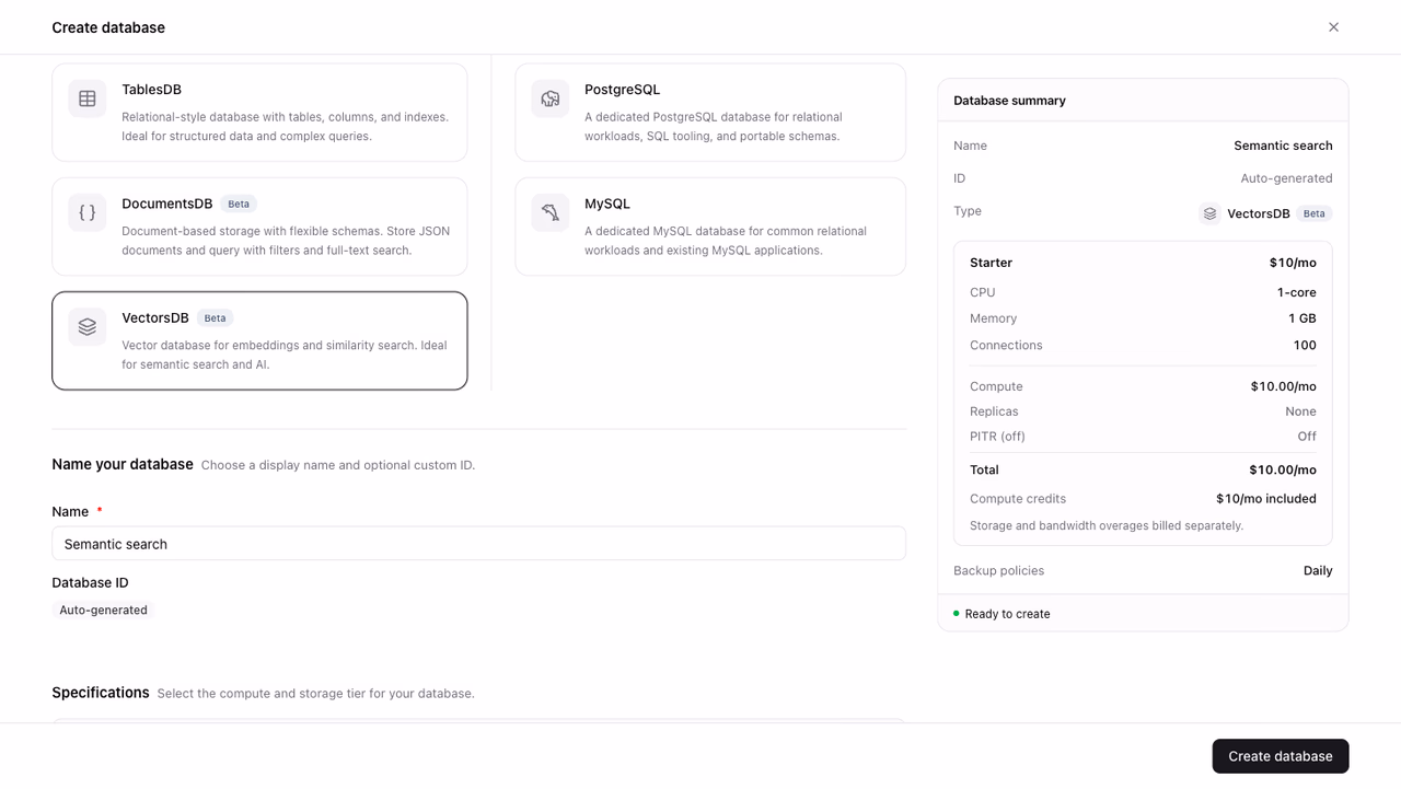 Create a VectorsDB database