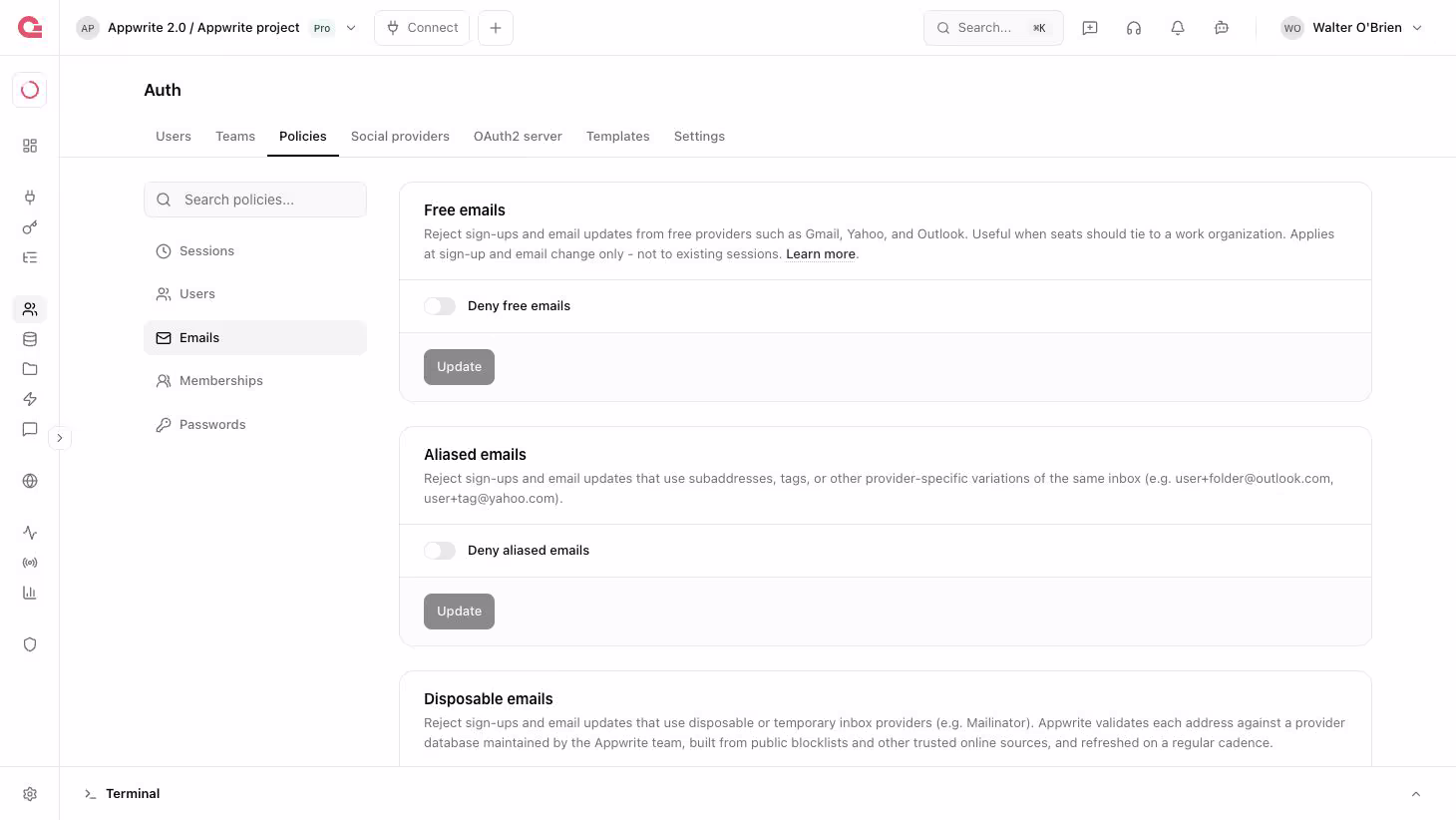Email policies card in the Appwrite Console