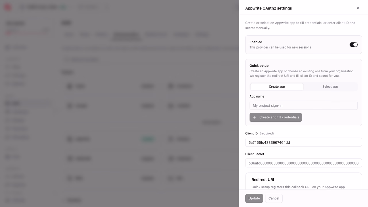 Appwrite OAuth2 settings dialog with quick setup and credentials