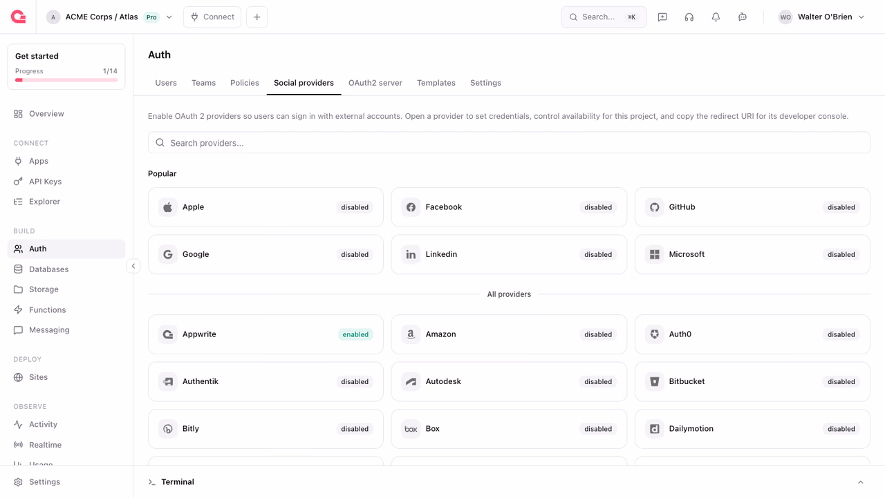Social providers page with the Appwrite provider enabled