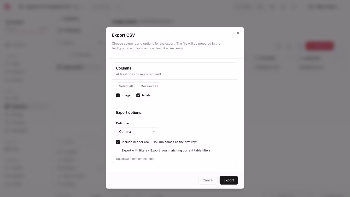 CSV export screen