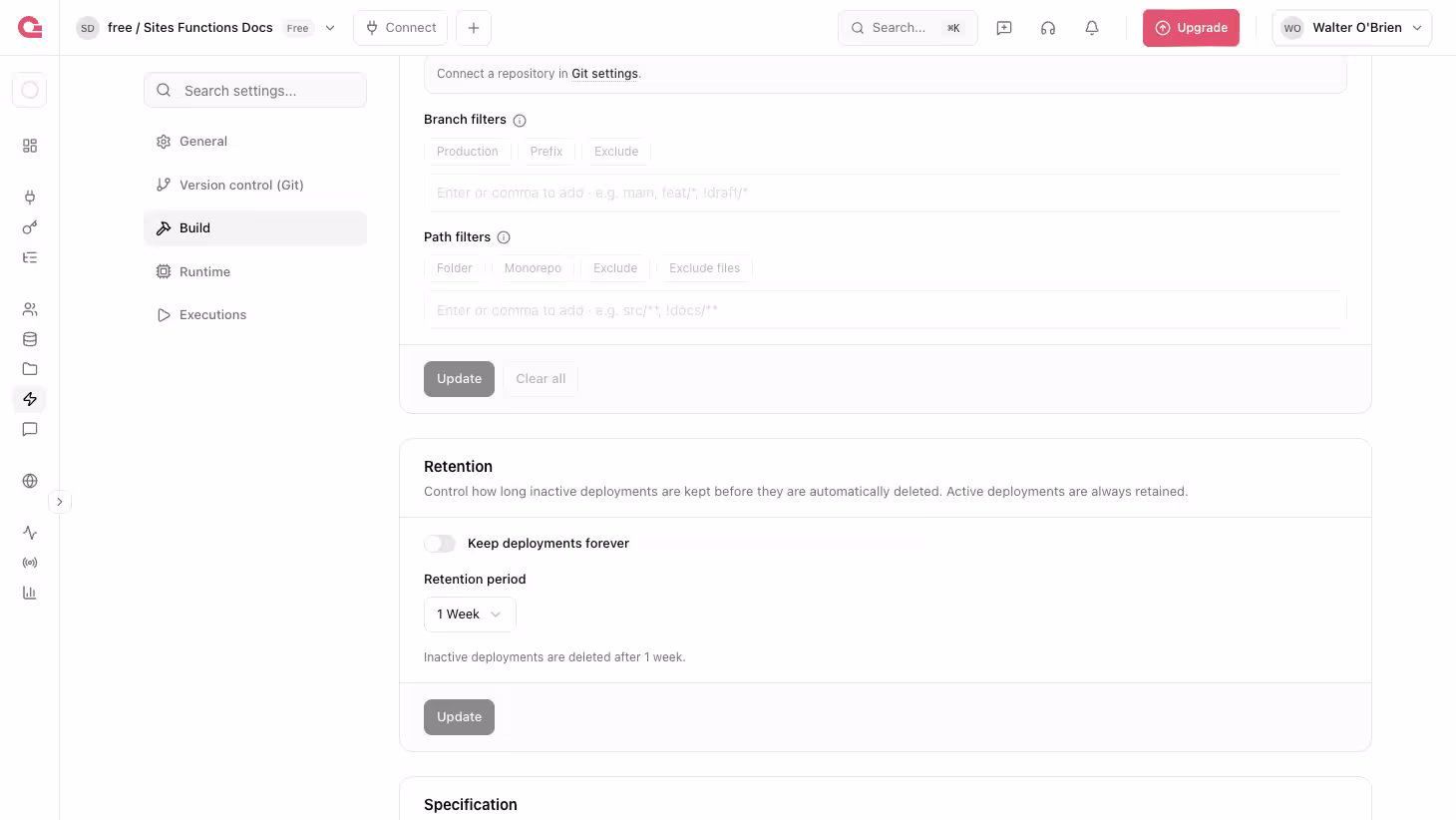 Function deployment retention settings