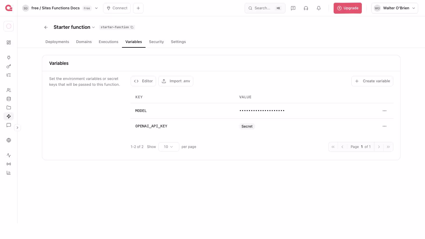 Function environment variables