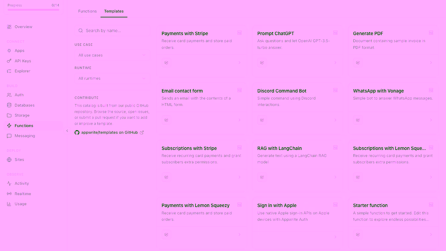 Templates screen