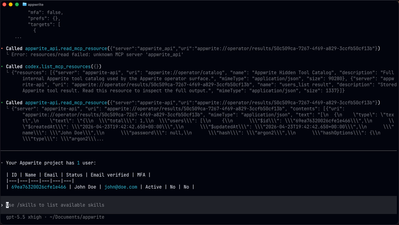 Codex listing users via the Appwrite MCP server