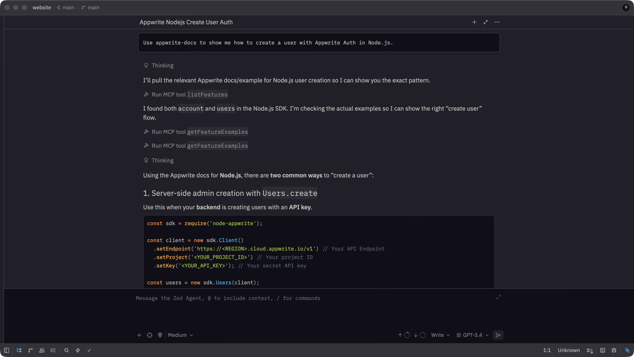 Zed Agent using the Appwrite MCP server