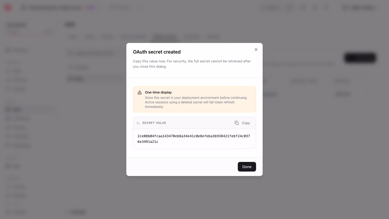 OAuth2 client secret shown once on creation