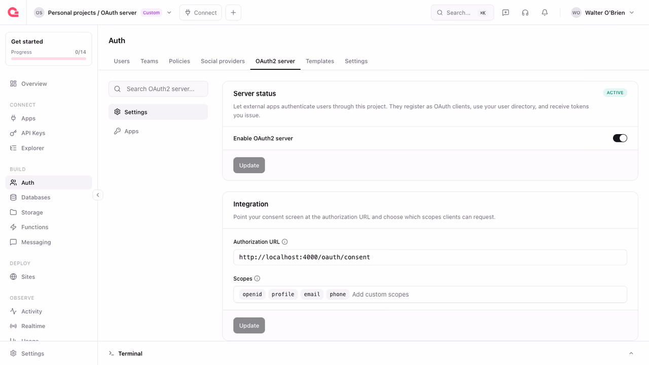 Enabling the OAuth2 server in the Appwrite Console