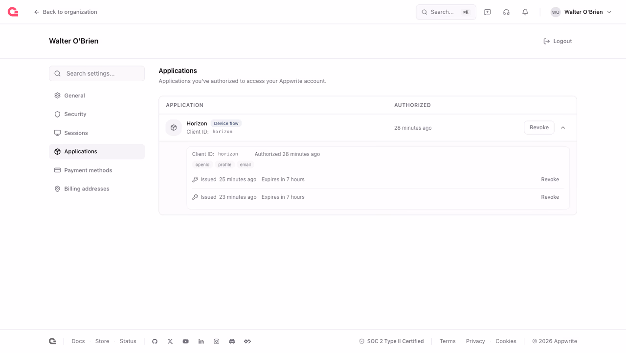 Account applications page listing authorized apps with their token families