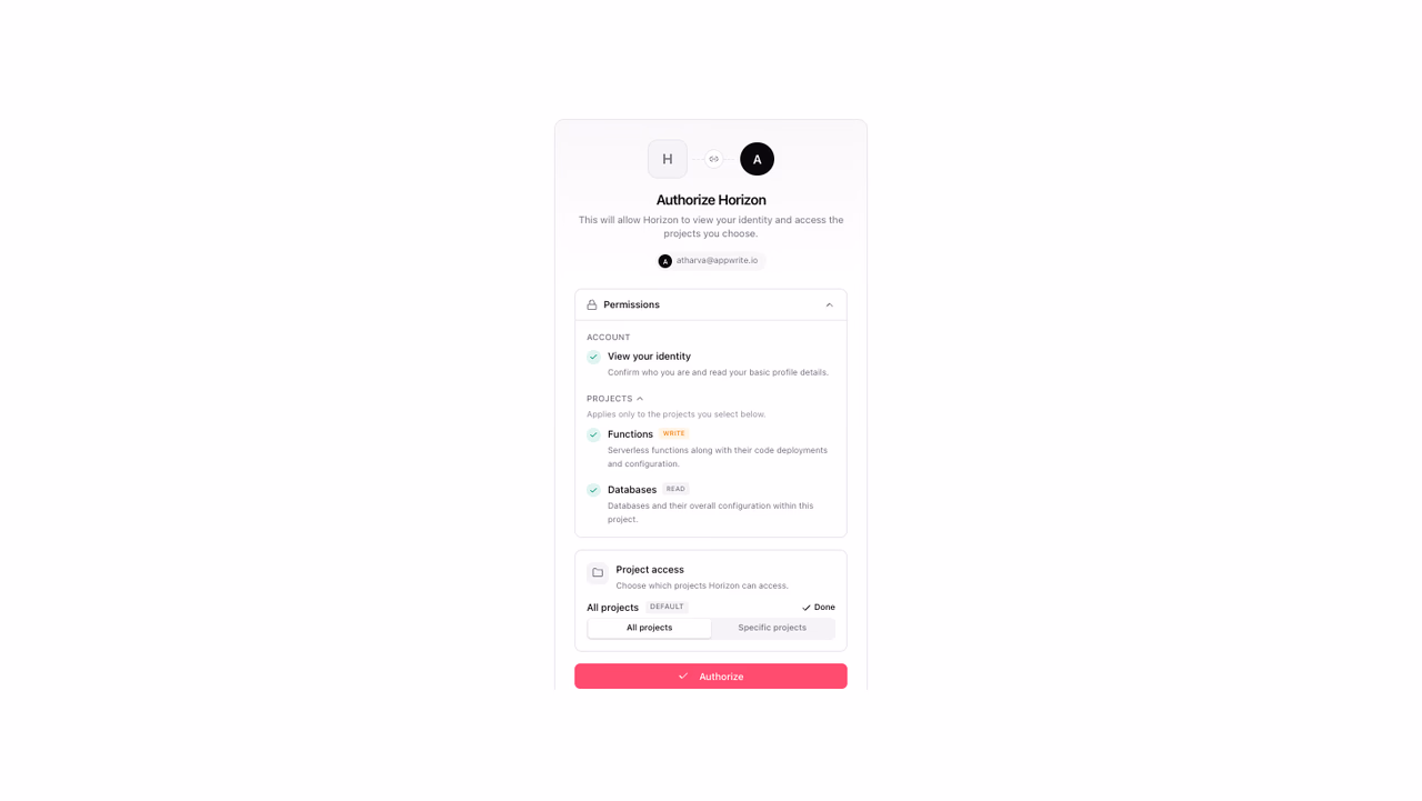 Consent screen showing app identity, requested permissions, and project selection