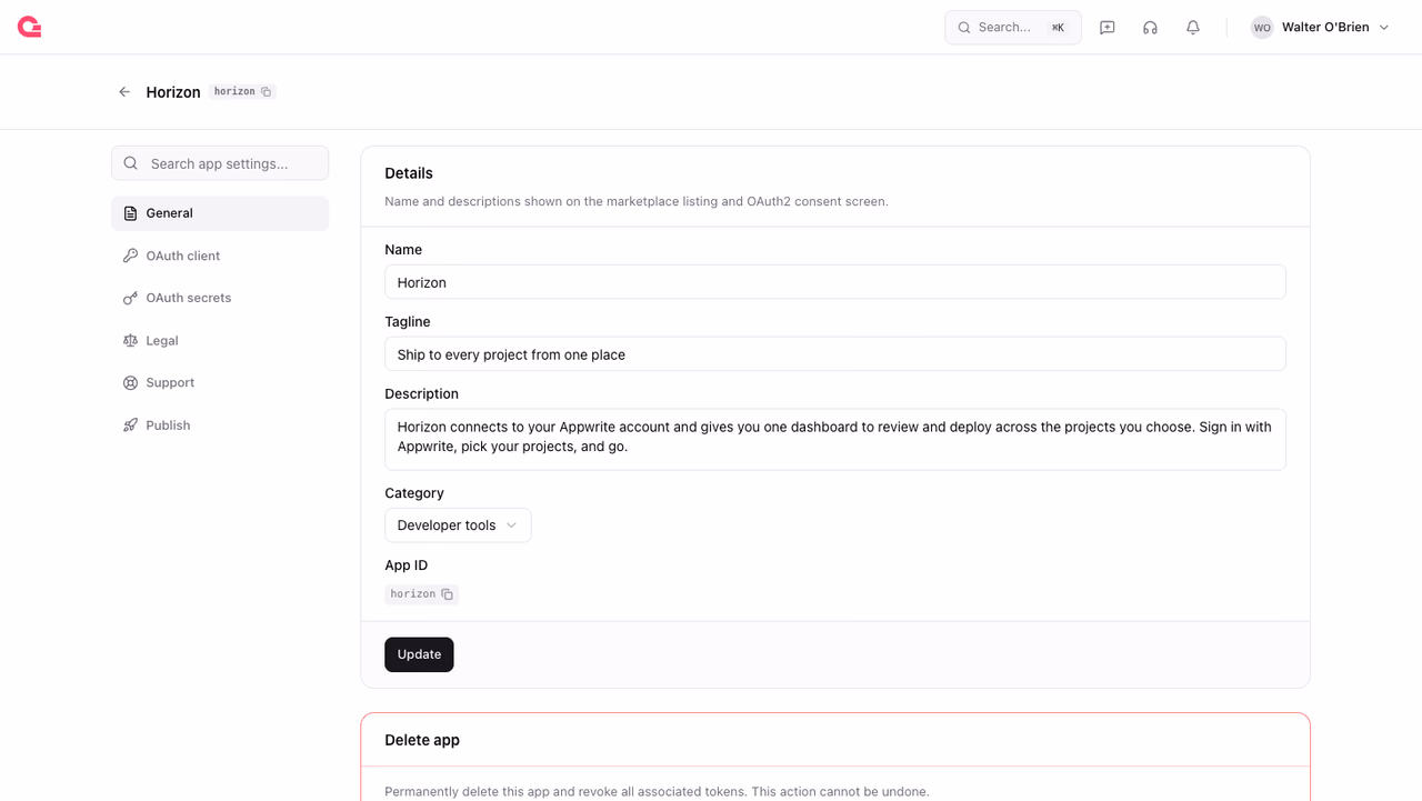 General page with the app name, tagline, description, and category fields
