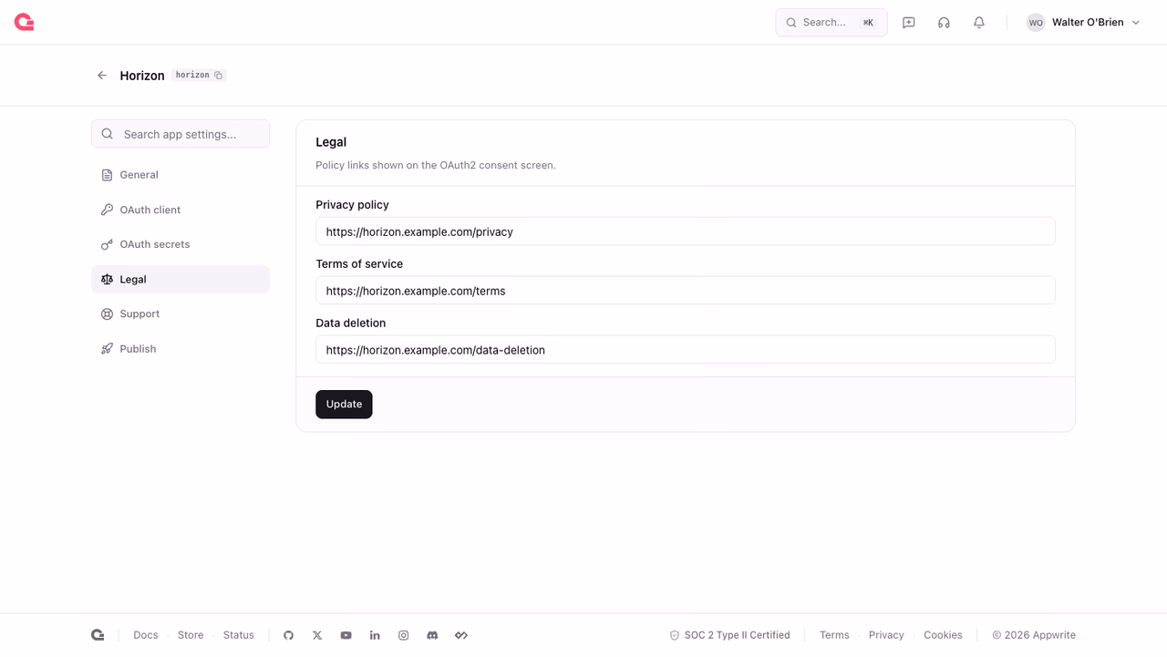 Legal page with privacy policy, terms of service, and data deletion URL fields