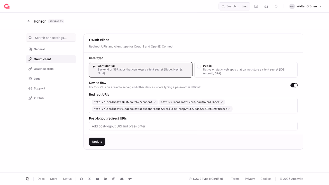 OAuth client settings with client type, device flow, and redirect URIs