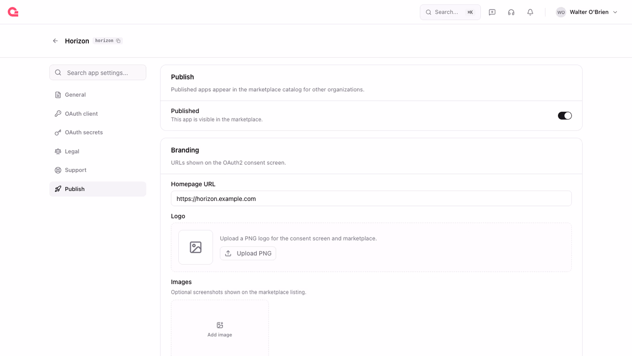Publish page with the published toggle and the branding card